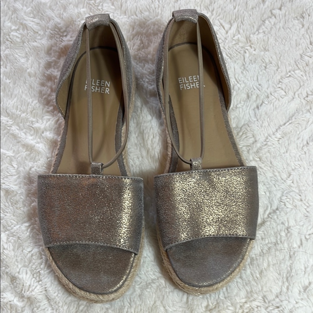 Eileen Fisher Silver Espadrilles with Open Toe and Flat Design